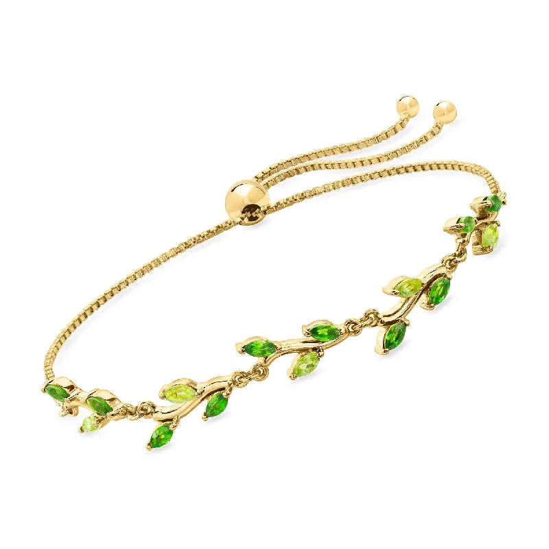 women’s braided bracelets -RS Pure by Ross-Simons Chrome Diopside and . Peridot Leaf Bolo Bracelet in 18kt Gold Vermeil