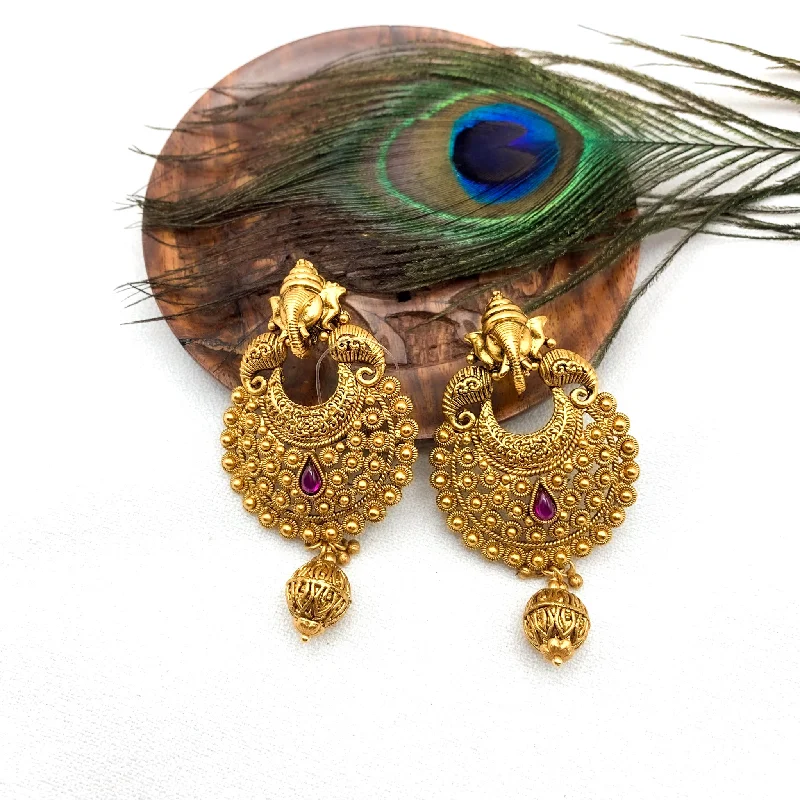 affordable earrings for women -Traditional Antique Matte Gold Ganesha Chandbaali Style earring