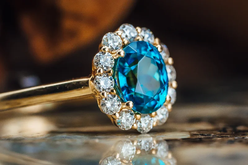 14k Yellow Gold Blue Zircon and Diamond Ring