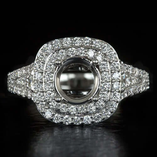 luxury platinum engagement rings -1.25ct DIAMONDS ROUND CUSHION CUT SEMI-MOUNT SETTING ENGAGEMENT RING 2 ROW HALO