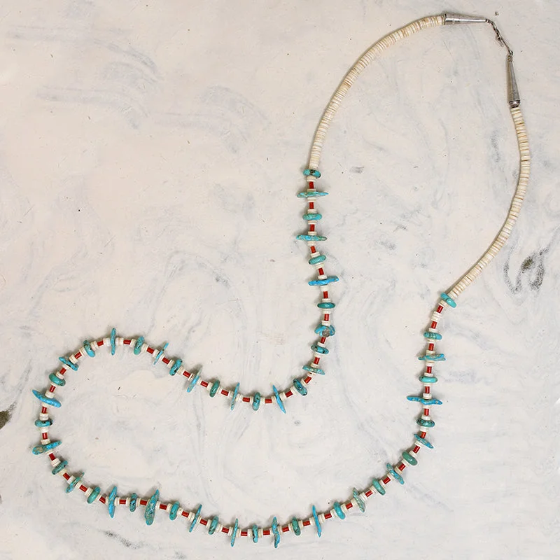 stylish necklaces for women -Turquoise Tabs, Coral Tubes & Shell Heishi Bead Necklace