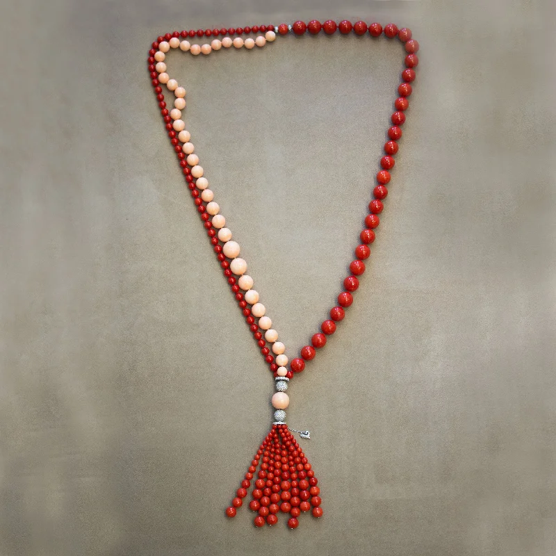 crystal necklaces for women -Chantecler Capri 18 Karat White Gold, Diamond, Red & Pink Coral "Cherie" Tassel Necklace