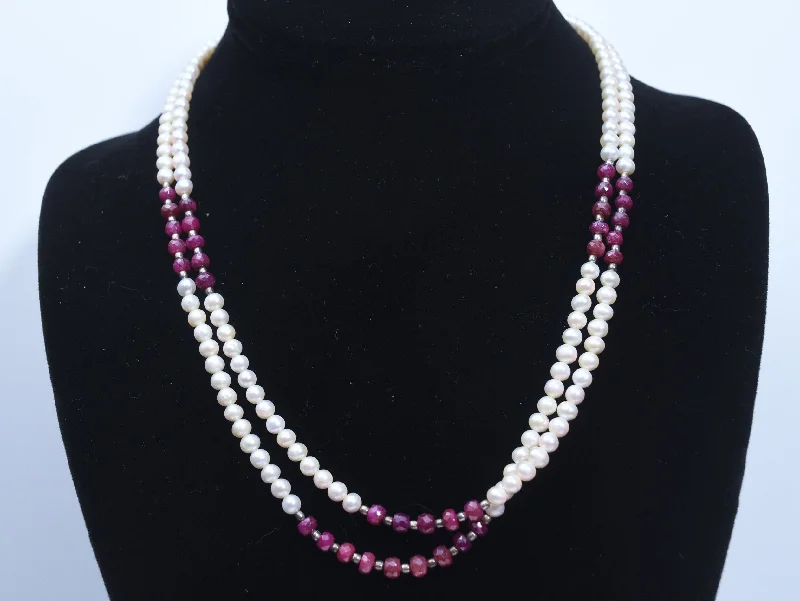 contemporary necklaces for women -Ruby and Pearl Double Strand Necklace