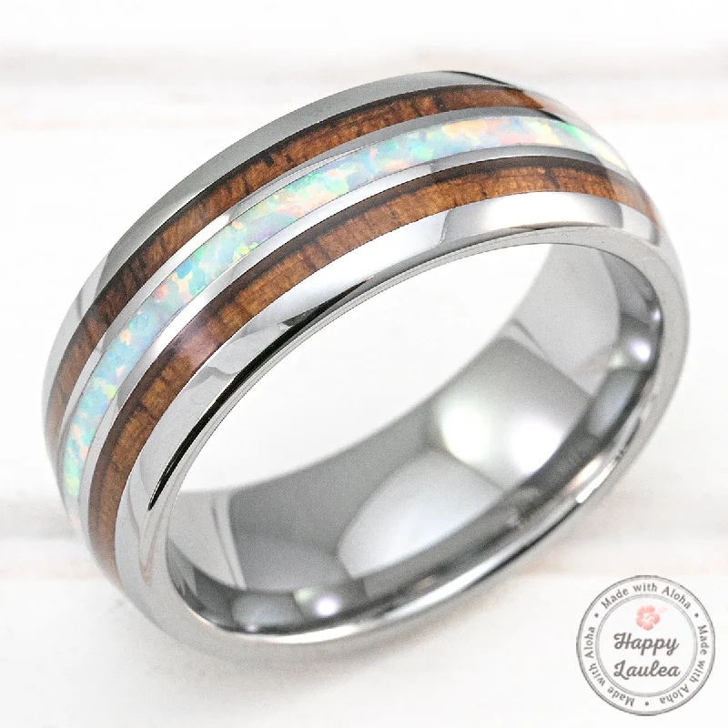 Tungsten Carbide 8mm Ring with Hawaiian Koa Wood & White Opal Tri-Inlay - Dome Shape, Comfort Fitment