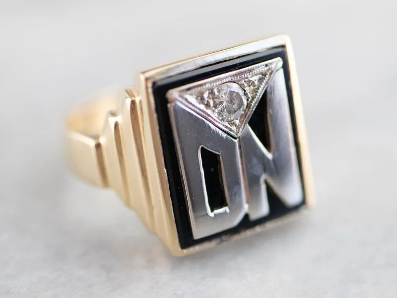 Men's Onyx and Diamond Retro "DN" Signet Ring,