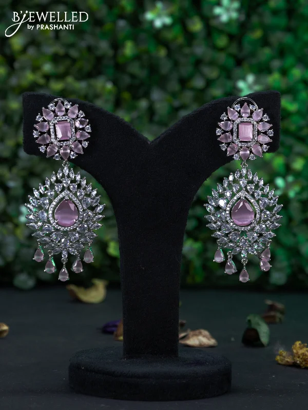 trendy earrings for parties -Zircon earring with baby pink & cz stones and hangings