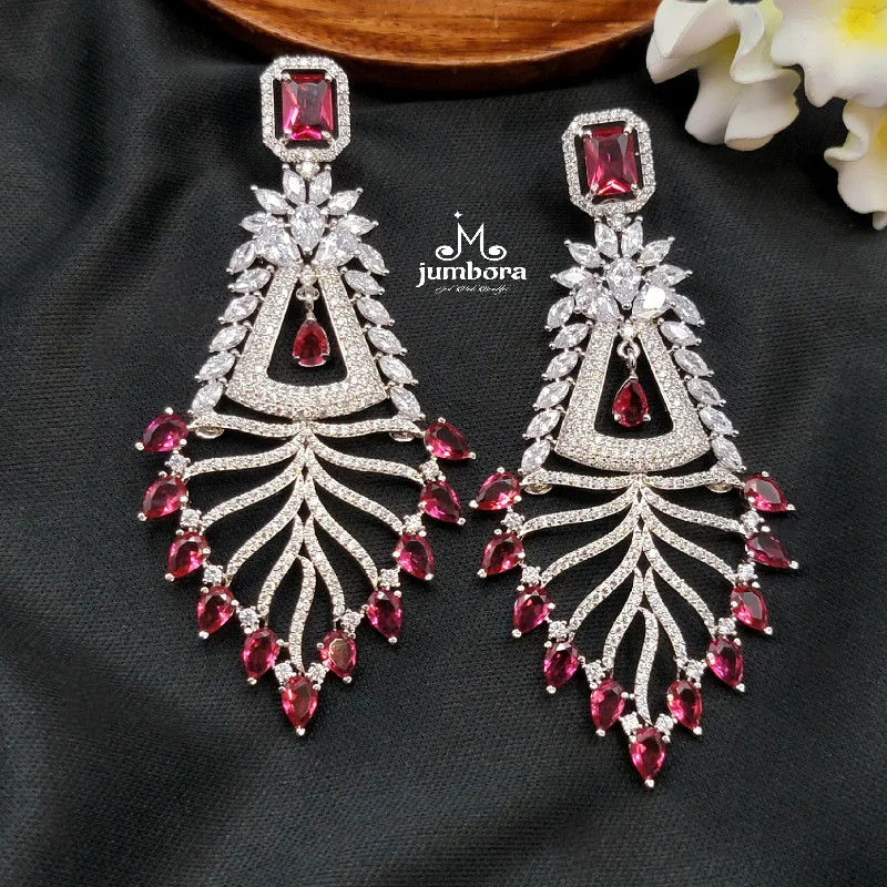 trendy earrings for women -Burgandy Red White Rhodium Finish AD Zircon Earring