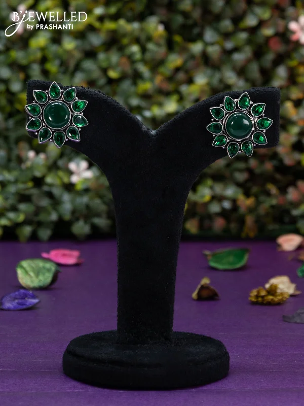 sleek hoop earrings for women -Oxidised earring floral design with emerald stones