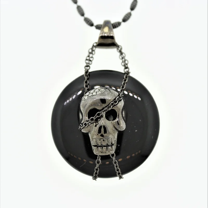 symbolic necklaces for women -Black-Onyx Diamond Gold & Rhodium Skull Pendant