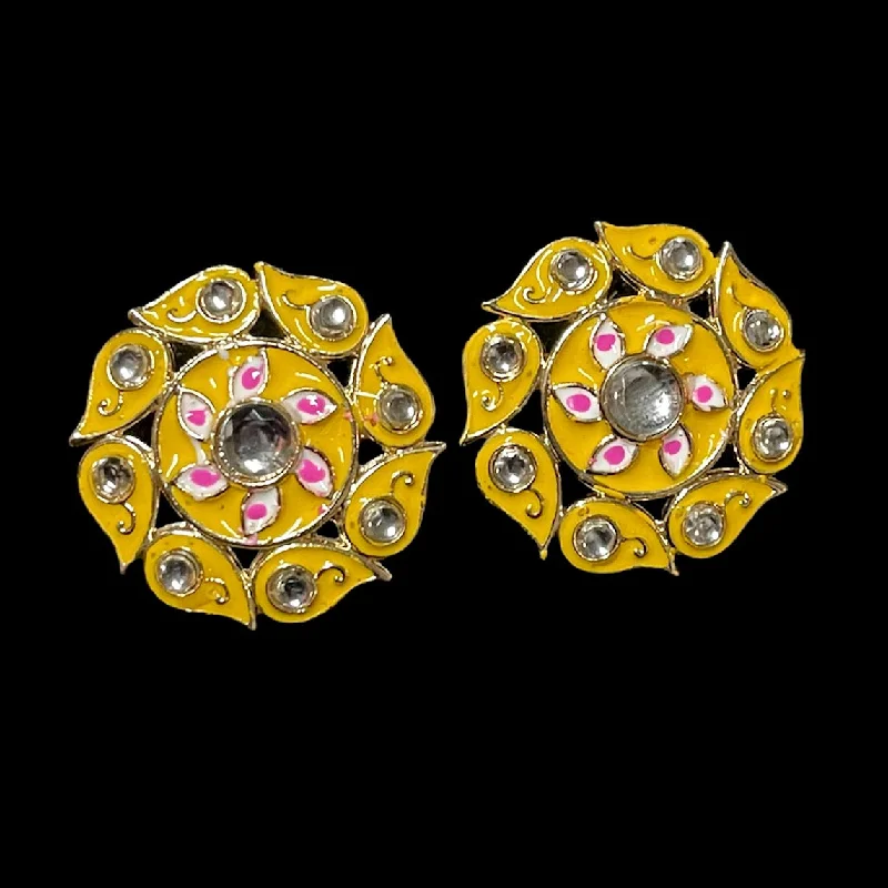 women’s fashion stud earrings -Yellow Kundan Meenakari Stud Earring