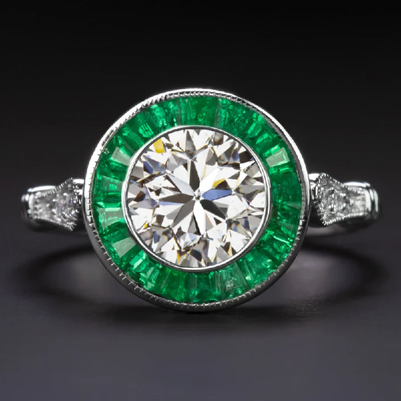 luxury platinum engagement rings -1.5ct GIA CERTIFIED DIAMOND ENGAGEMENT RING VINTAGE STYLE EMERALD HALO ART DECO