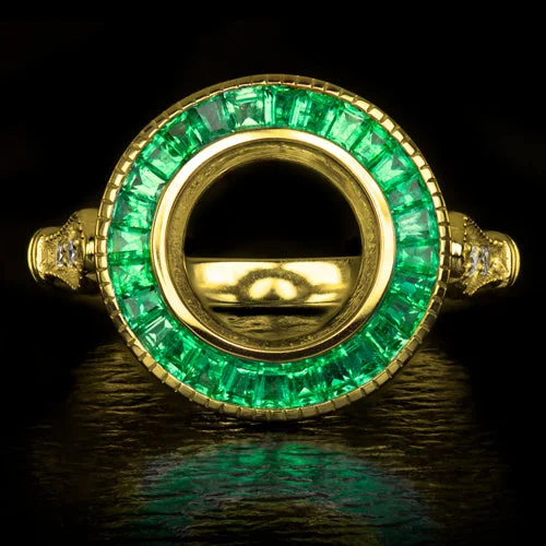 vintage diamond engagement rings -VINTAGE STYLE DIAMOND EMERALD ENGAGEMENT RING SETTING ROUND 7.5 GOLD SEMI MOUNT