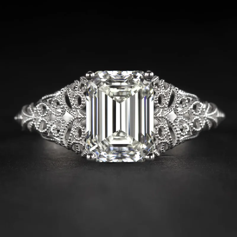 sapphire engagement rings -1.70ct GIA CERTIFIED J VS1 DIAMOND ENGAGEMENT RING VINTAGE STYLE EMERALD CUT