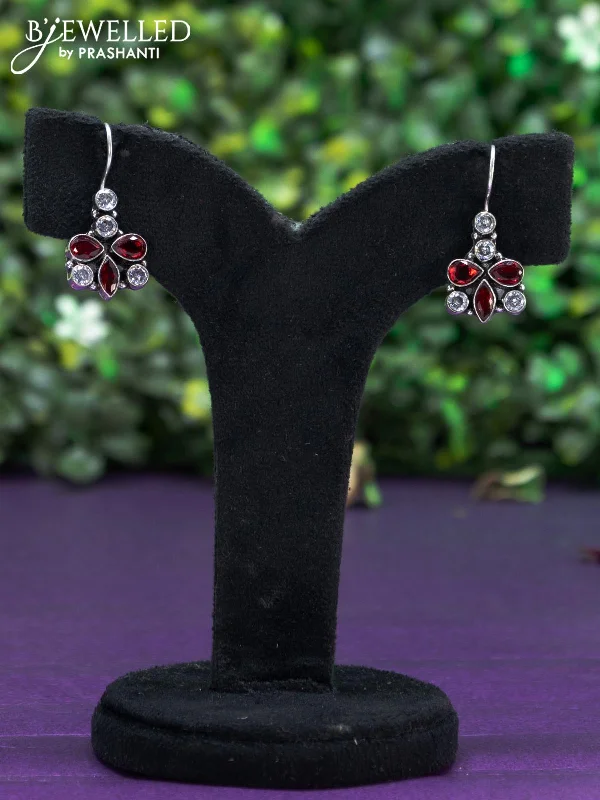 trendy statement earrings for women -Oxidised hanging type earring with maroon and cz stones