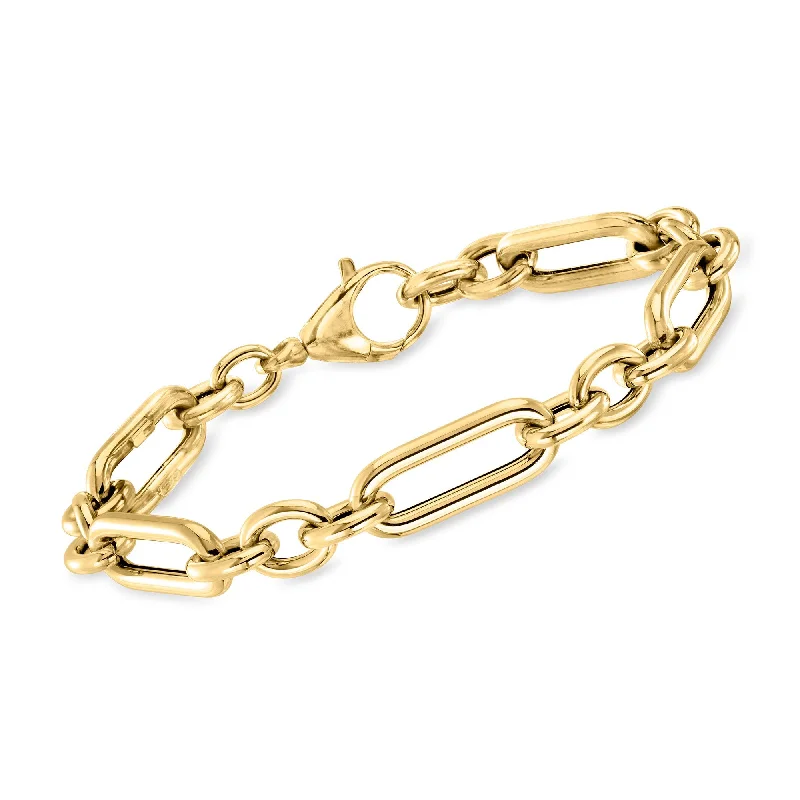 stacked gold bangles -Ross-Simons Italian 18kt Yellow Gold Alternating Cable and Paper Clip Link Bracelet