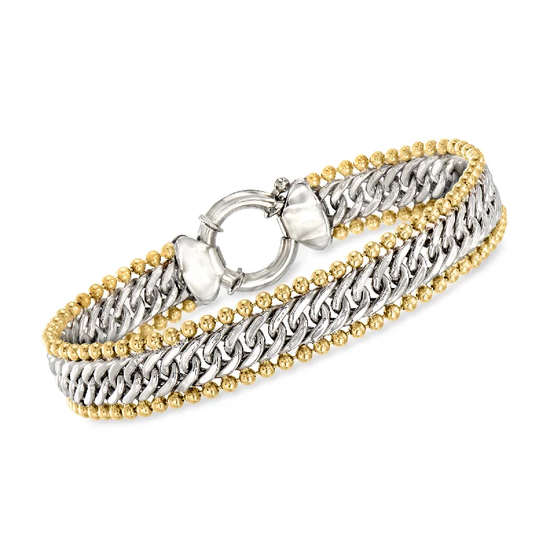 elegant wedding bands for women -Ross-Simons Two-Tone Sterling Silver Cuban and Bead-Link Bracelet