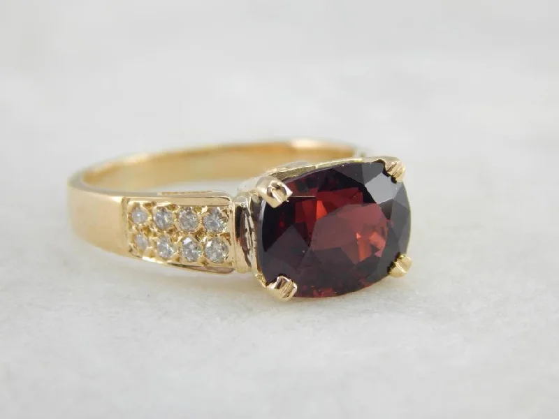 Deep Red Pyrope Garnet, Pave Diamonds and Gold Cocktail Ring