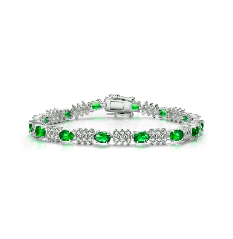 vintage style rings for women -Sterling Silver White Gold Plated with Emerald Green & Clear Cubic Zirconia Tennis Bracelet