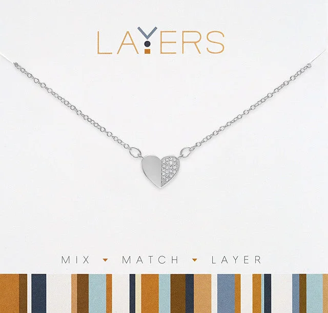 luxury fashion necklaces for women -Silver Half CZ Heart Layers Necklace