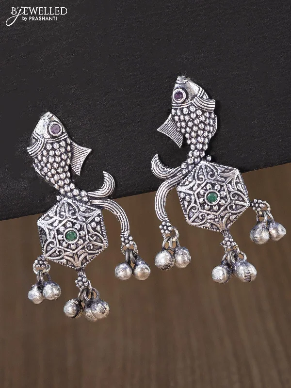 fashionable drop earrings -Oxidised earring fish design with kemp stone and hangings