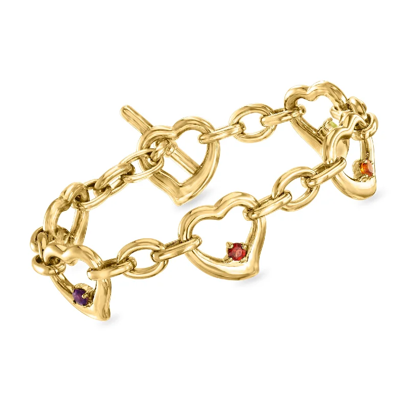 romantic rings for women -Ross-Simons Multi-Gemstone Heart Toggle Bracelet in 18kt Gold Over Sterling