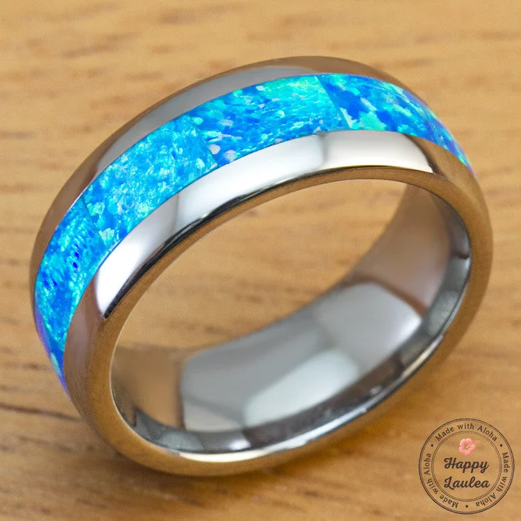 Tungsten Carbide with Blue Opal Inlay - 8mm, Dome Shape, Comfort Fitment