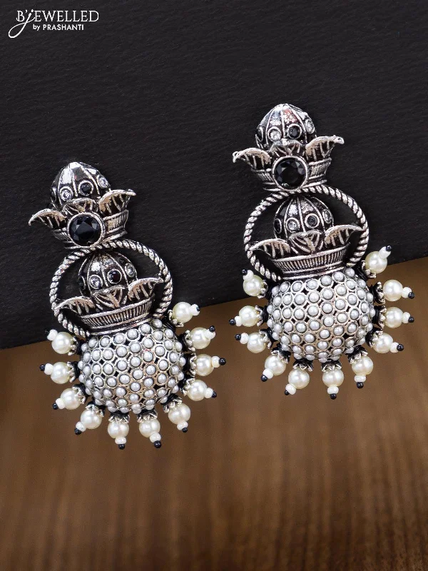 statement earrings with pearls -Oxidised earring with black stones and pearl