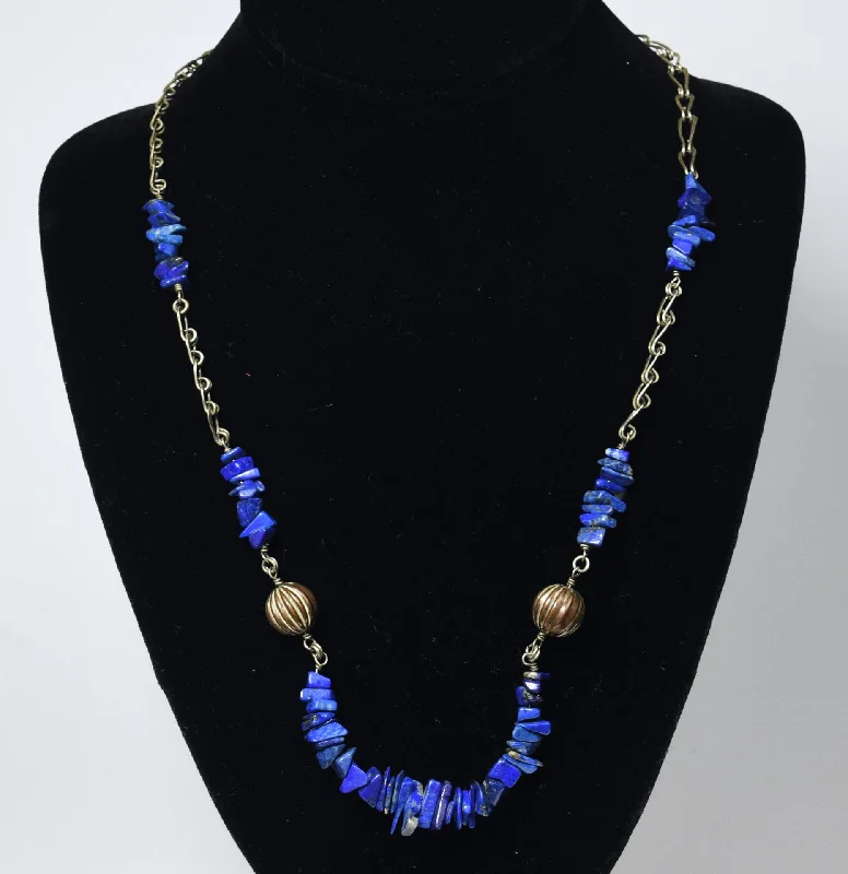 delicate crystal necklaces for women -Lapis Lazuli Chip Bead Chain Necklace with Fluted Copper Beads