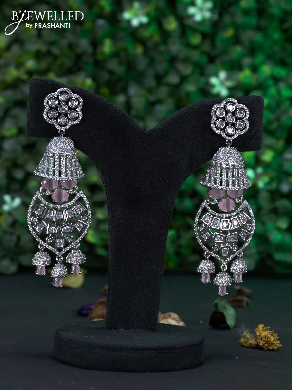 stud earrings for everyday wear -Zircon earring with baby pink & cz stones and hangings