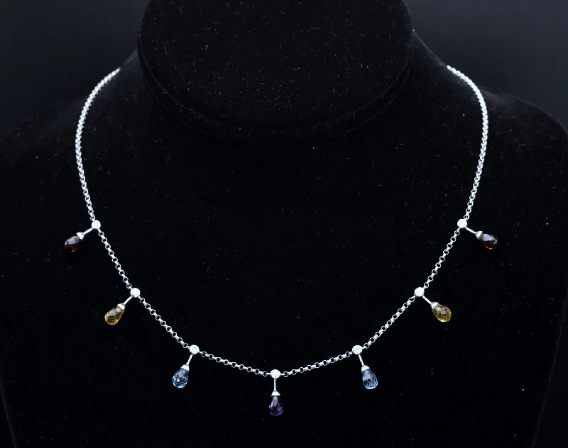 custom necklaces for women -14K White Gold Diamonds, Blue Topaz, Red Garnet, Amethyst and Citrine Chain Necklace - 16.5"