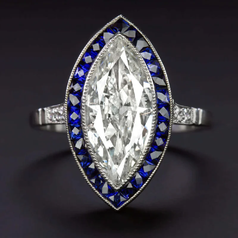 contemporary engagement rings -2.42c F-G SI MARQUISE DIAMOND SAPPHIRE ENGAGEMENT RING PLATINUM VINTAGE STYLE