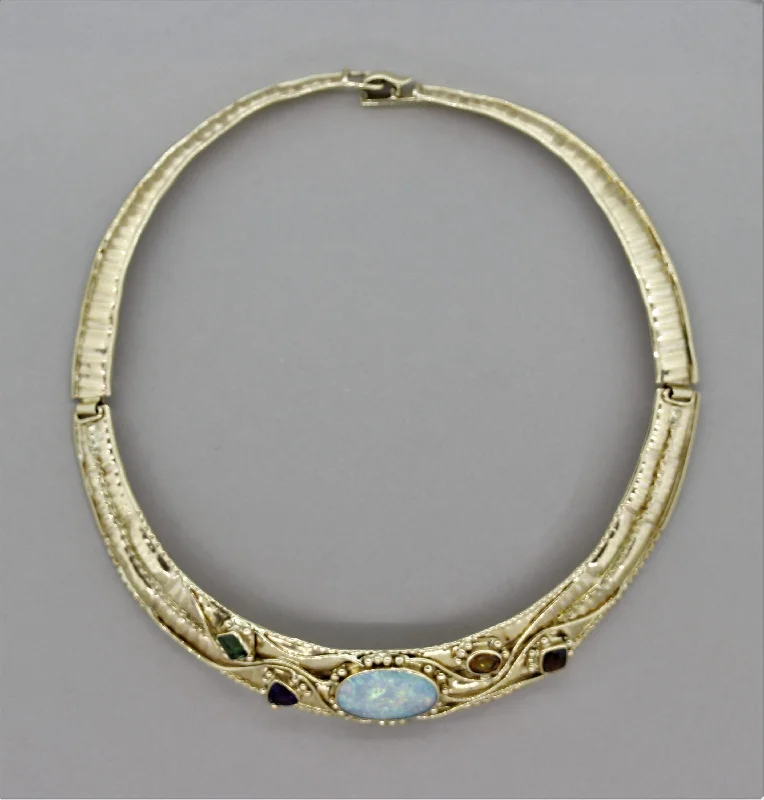 trendy choker necklaces for women -Opal Multicolor Gemstone Gold Collar Necklace