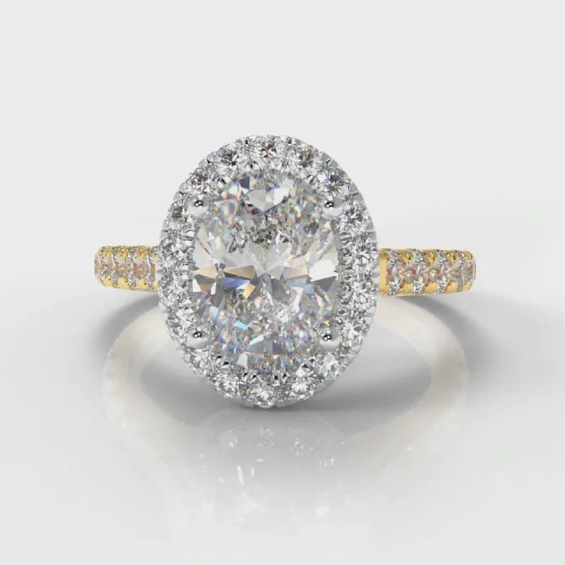 women’s engagement rings -Micropavé Oval Diamond Halo Engagement Ring - Two Tone Yellow Gold