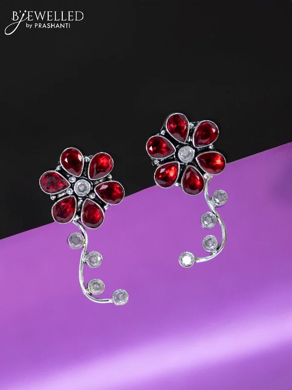 gold dangly earrings for women -Oxidised earrings floral design with maroon and white stones