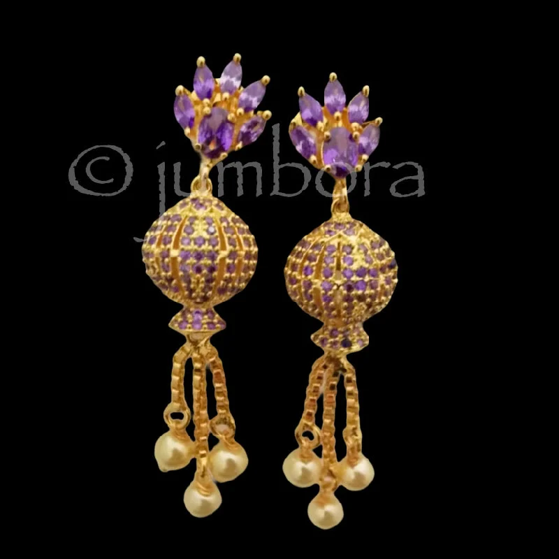 trendy earrings for parties -Purple AD (Zircon) stone Earring with pearl