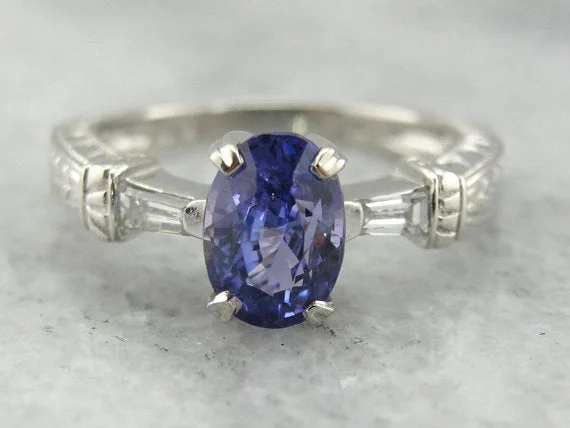 sapphire and diamond engagement rings -Contemporary Sapphire and Tapered Baguette Diamond Engagement Ring in Platinum